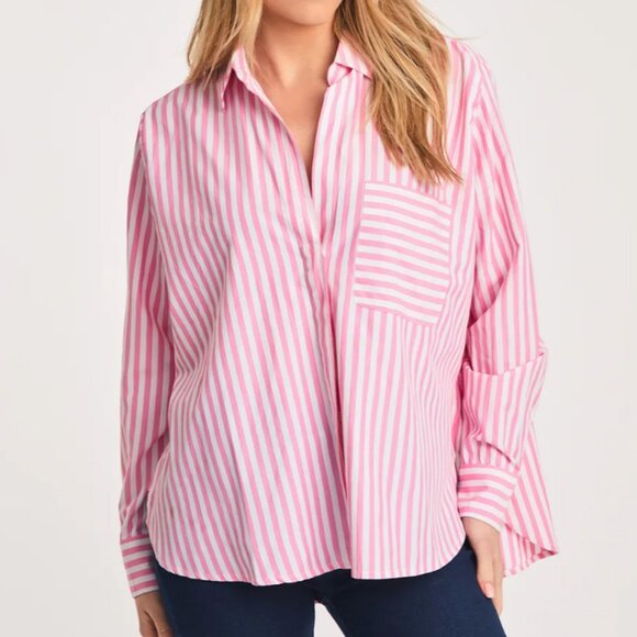 French Connection Pink Relaxed-Fit Striped Popover High-Low Hem Shirt - S - Picture 1 of 3